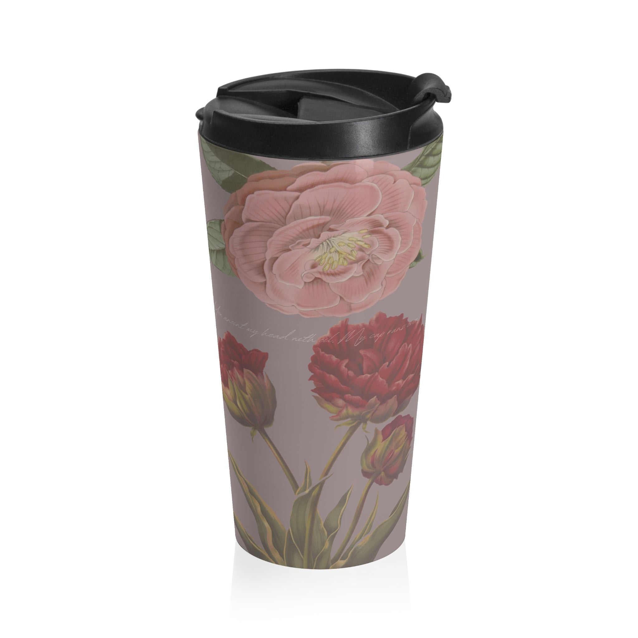 Floral Vintage Stainless Steel Travel Mug — Pink Rose & Tulip Pattern