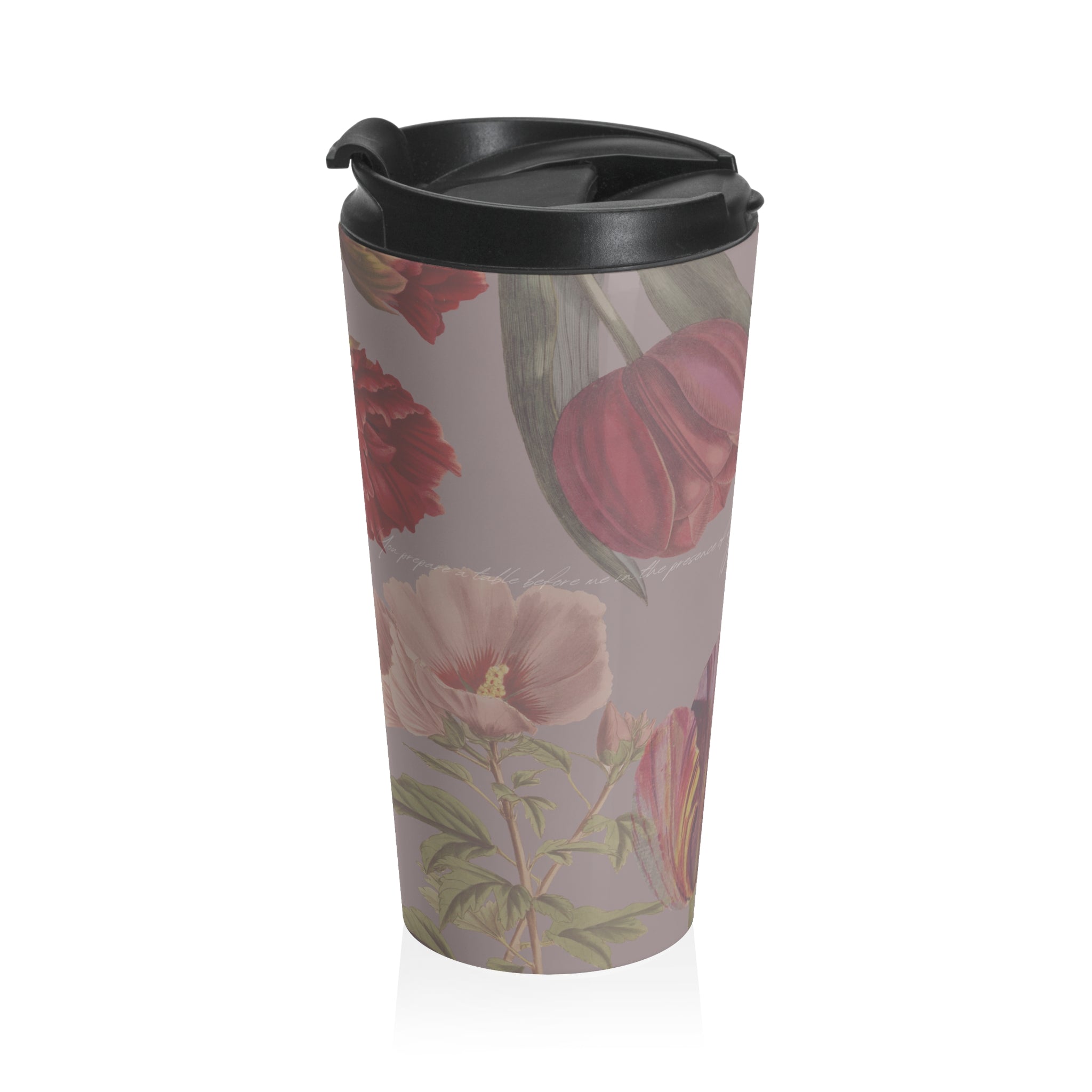Floral Vintage Stainless Steel Travel Mug — Pink Rose & Tulip Pattern