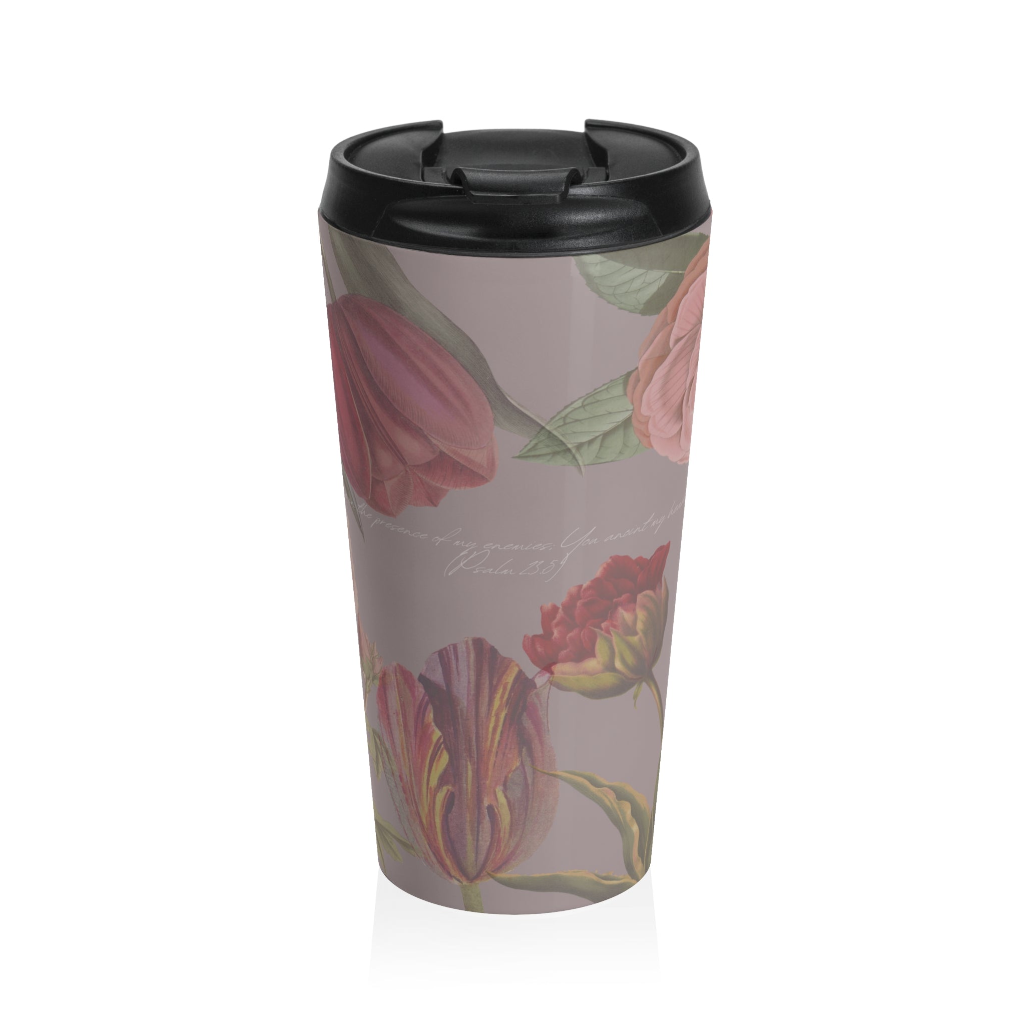 Floral Vintage Stainless Steel Travel Mug — Pink Rose & Tulip Pattern